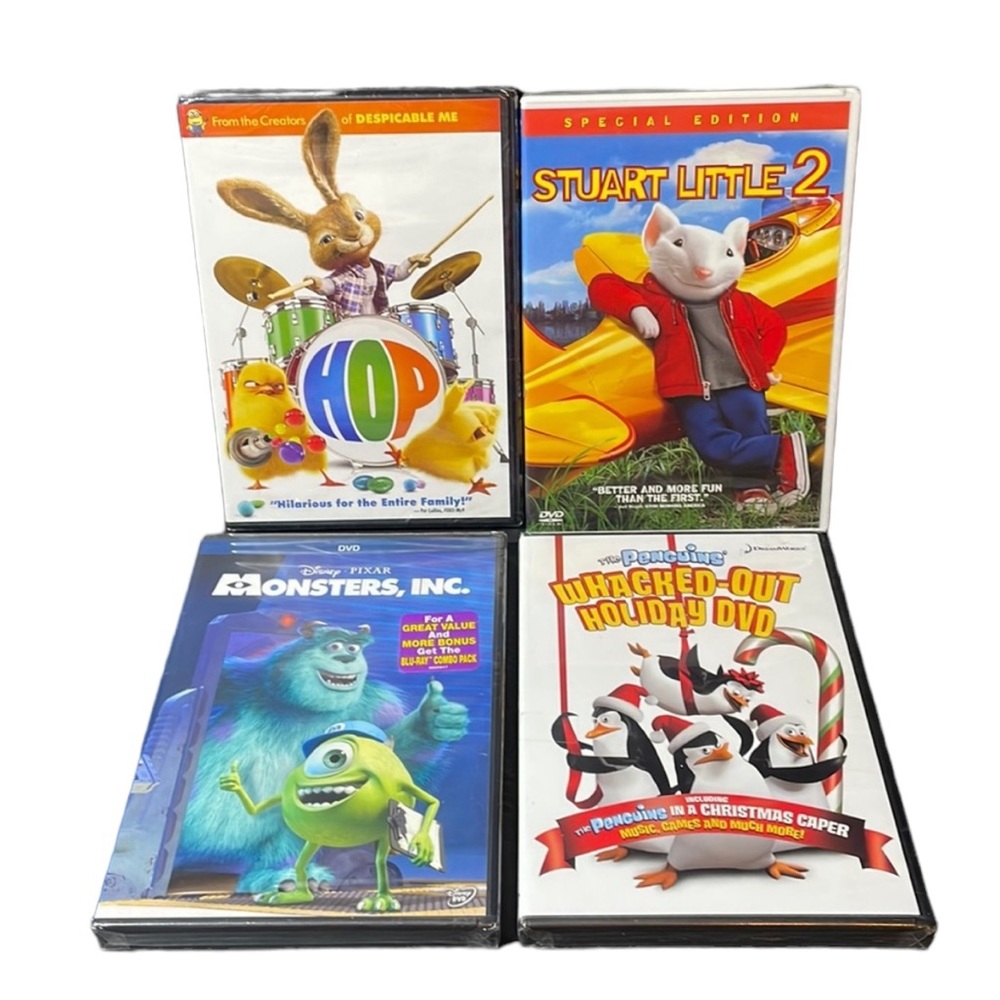 Lot of 4 Family DVDs Monsters Inc, Hop, Stuart Little 2, The Penguins Holiday
